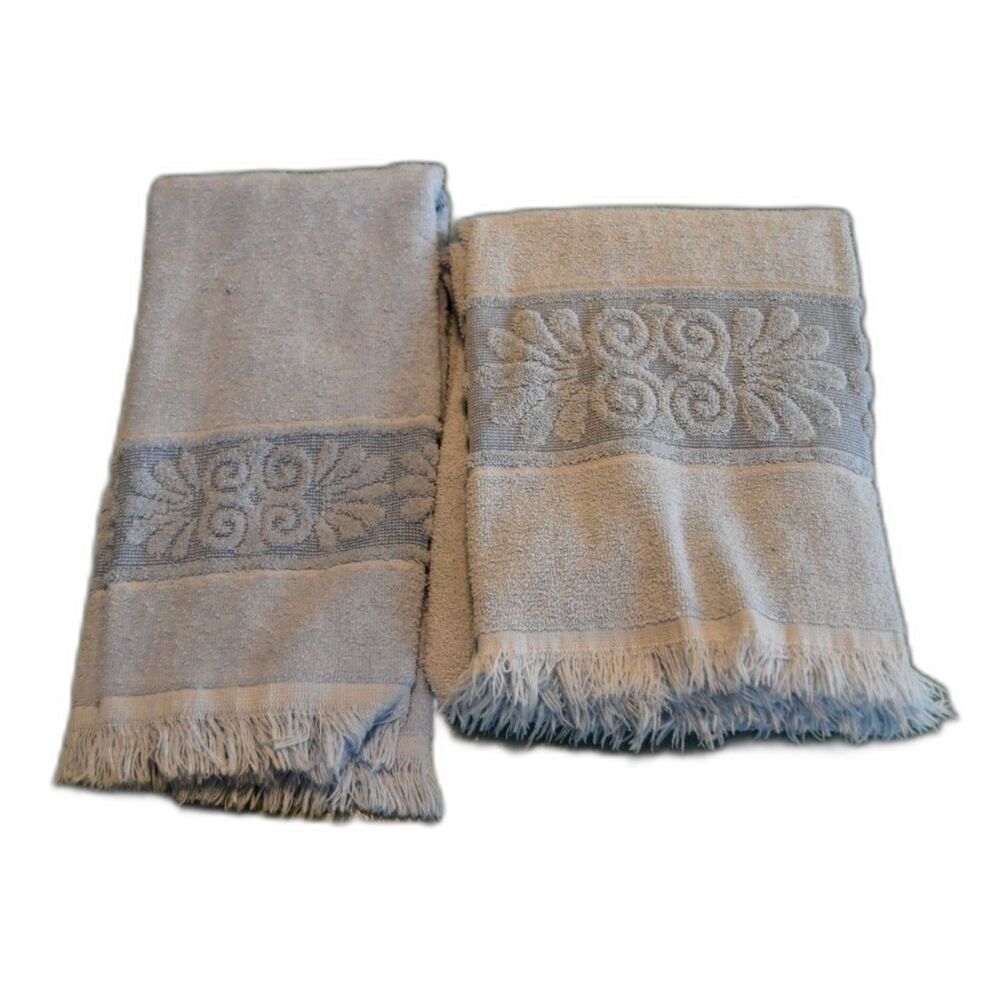 Vintage Cannon Monticello Blue Bath Towel & Hand Towel Set Fringe USA